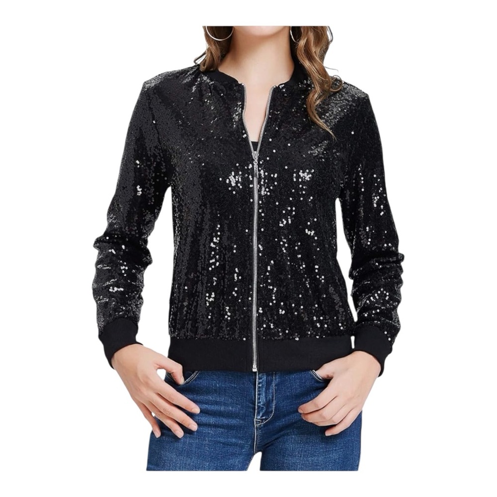 Kancy Kole Black Sequin Bomber Jacket Size Medium NWT